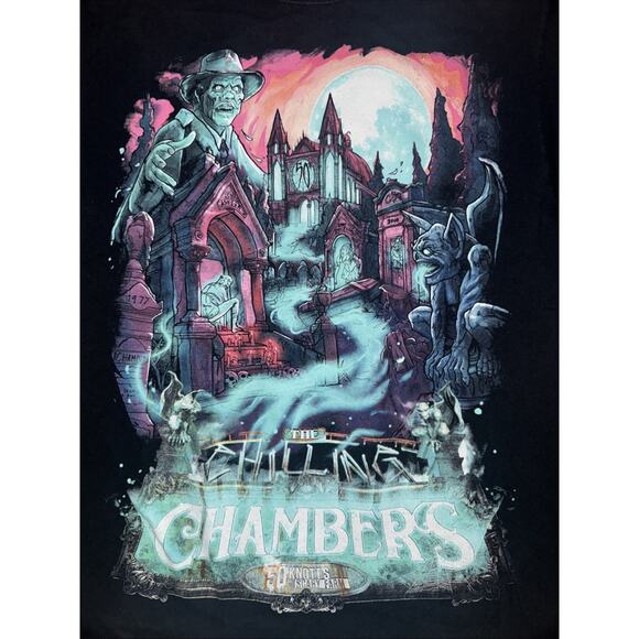 Knott’s Scary Farm Graphic T-Shirt Black Medium 18x26 Haunted Maze Horror Tee - Picture 2 of 4